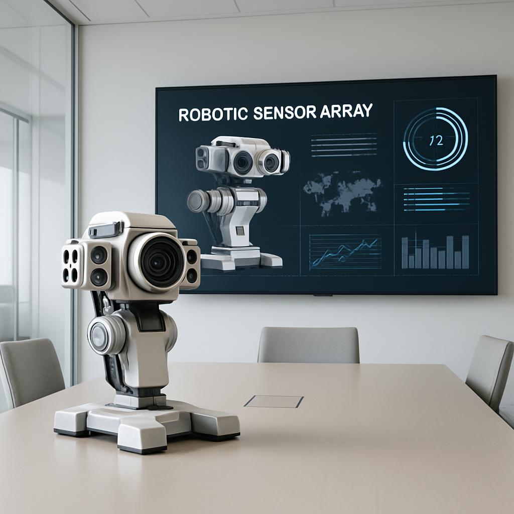 A large monitor against a white wall hangs a black panel with a robotic sensor array infographic, featuring multiple style...