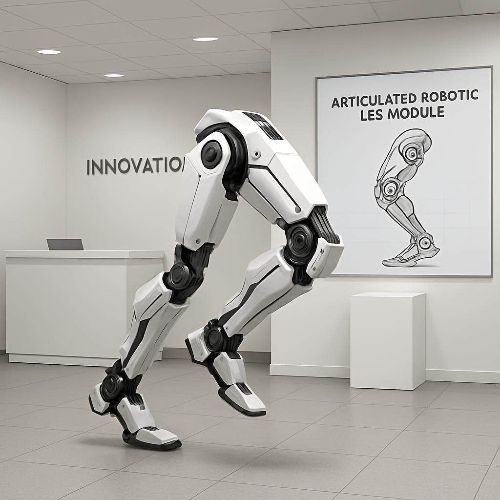 The image depicts a robotic leg in an office setting, with the caption "Articulated Robotic Les Module" and other backgrou...